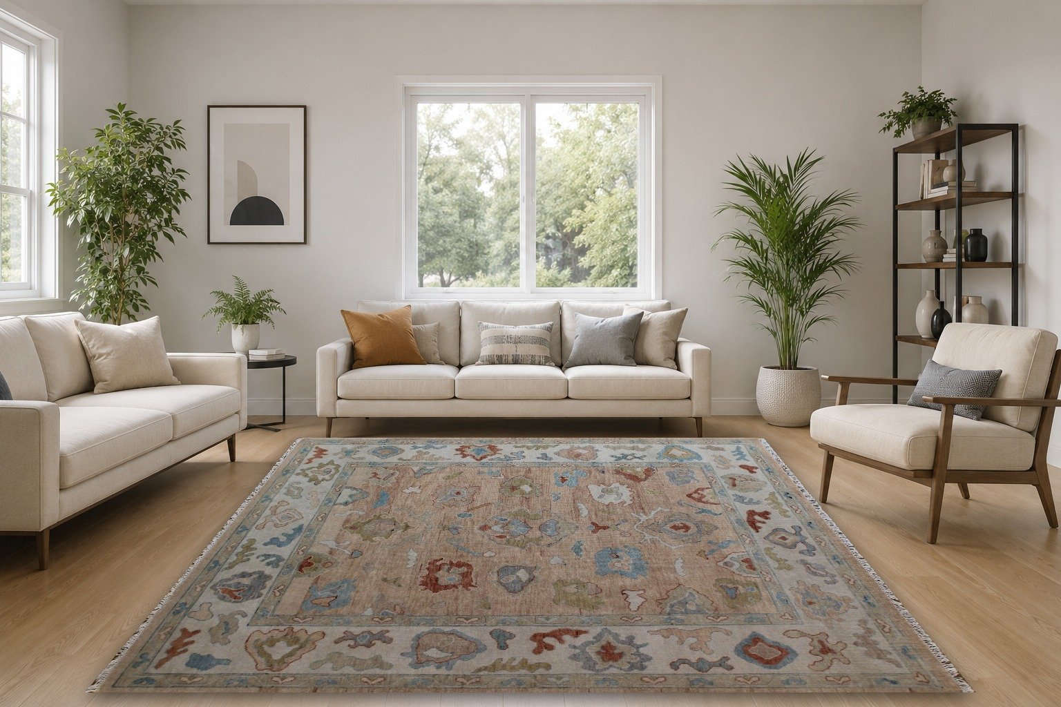 Detail view 2 of Oushak Rose and Ivory Floral Rug 8ft x 10ft